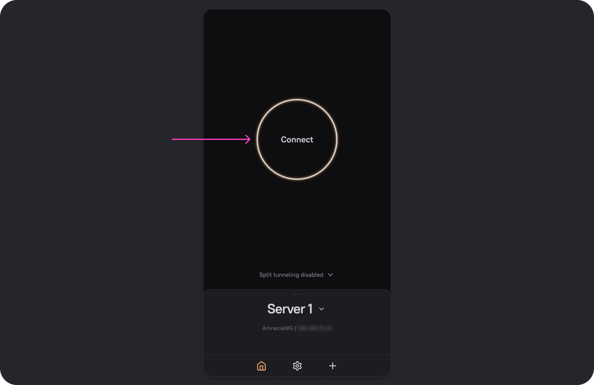 AmneziaVPN: главный экран с кнопкой Connect и добавленным сервером