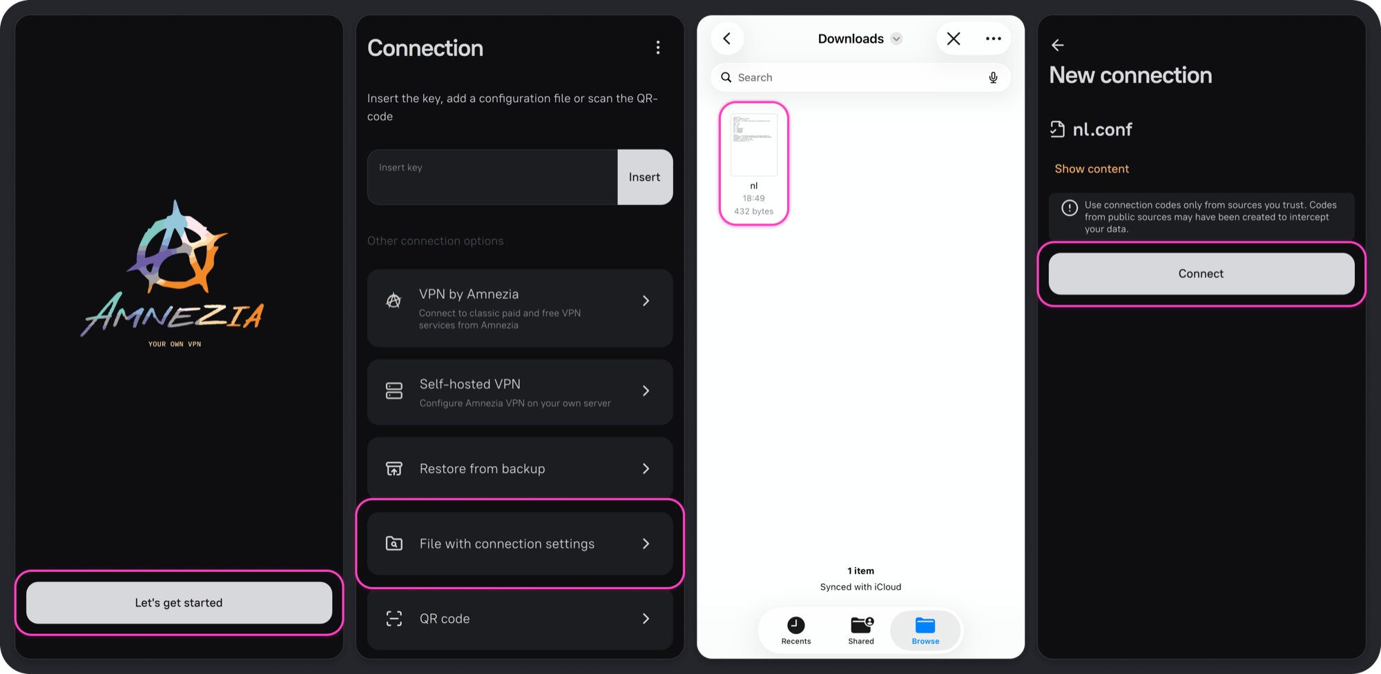 AmneziaVPN: начало работы, пункт File with connection settings, выбор файла и кнопка Connect