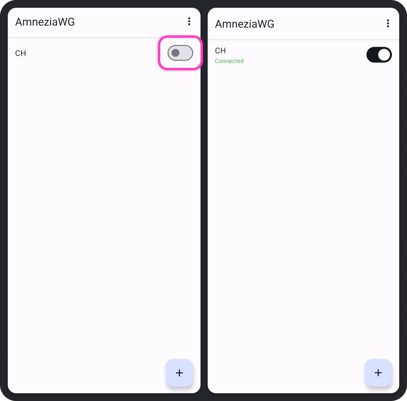AmneziaWG на Android: выключенный и подключенный профиль