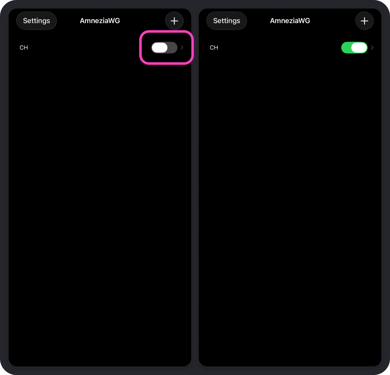 AmneziaWG на iPhone: выключенный и включенный профиль