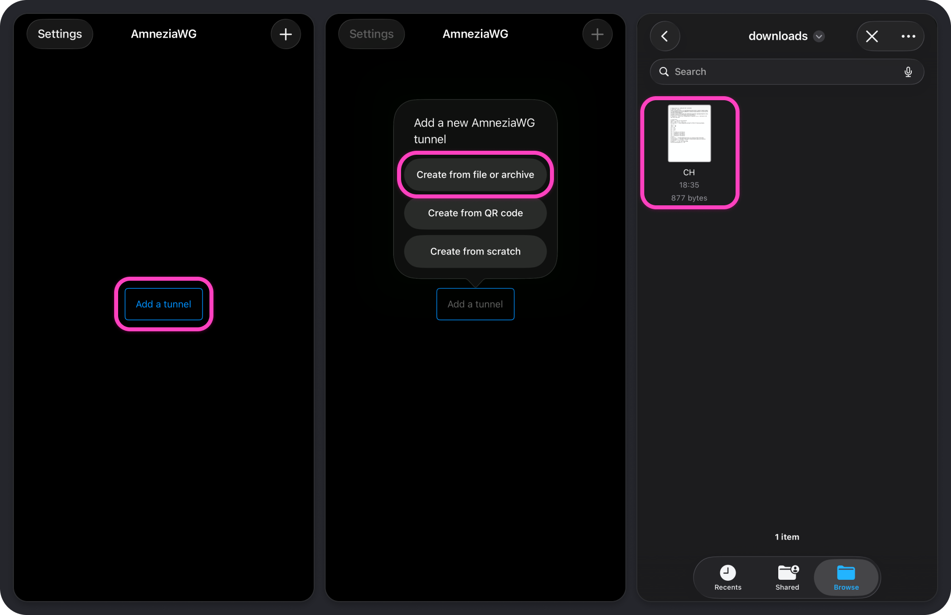 AmneziaWG на iPhone: Add a tunnel, Create from file or archive и выбор файла в Загрузках