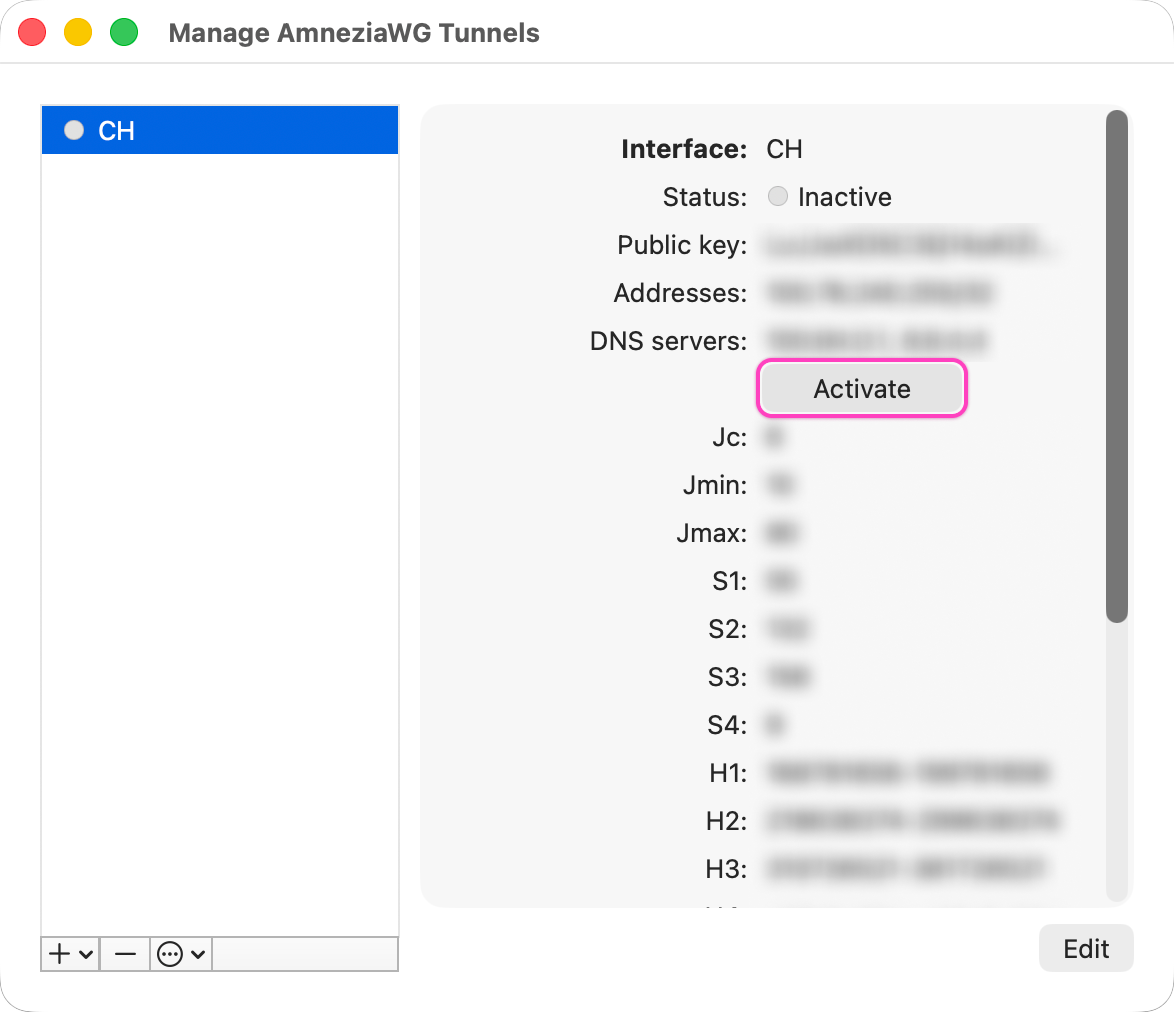 AmneziaWG на Mac: кнопка Activate