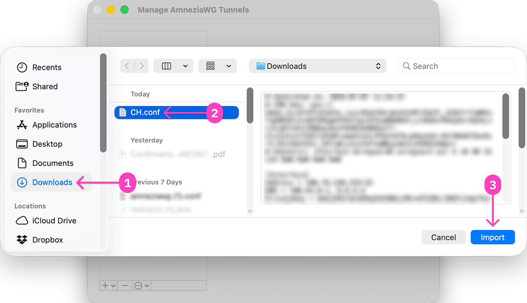macOS: выбор файла конфигурации AmneziaWG
